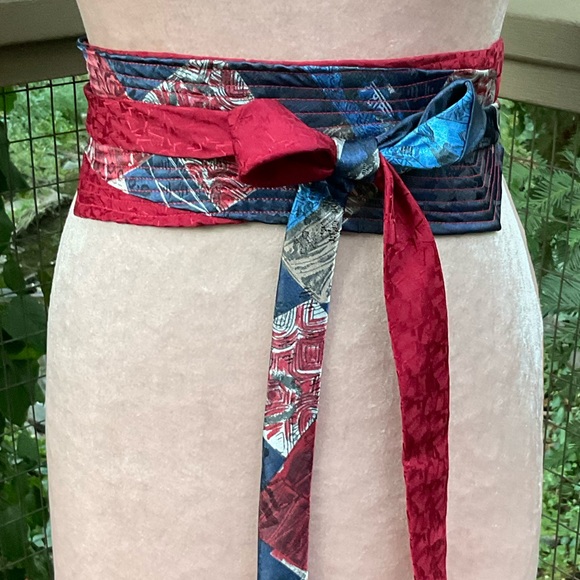 Blue red safari giraffe animals obi style upcycled wrap silk ties belt OS - Picture 14 of 15